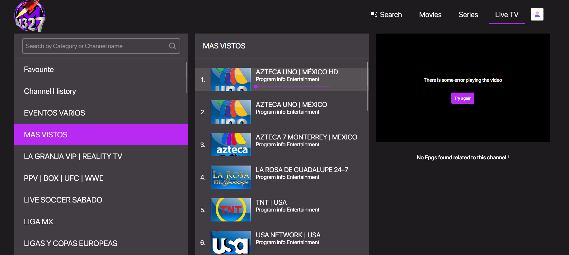 Vista de canales en Webplayer M327